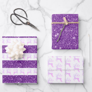Modern Purple Glitter Christmas Reindeer Wrapping Paper Sheet