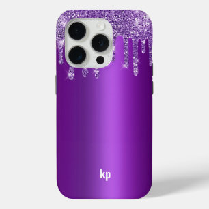 Modern purple glitter drips on metallic purple iPhone 15 pro case