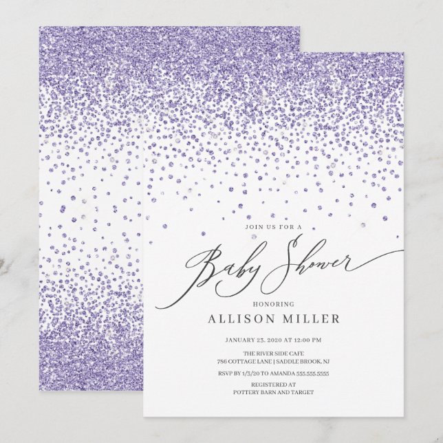 Modern Purple Glitter Girls Baby Shower Invitation (Front/Back)