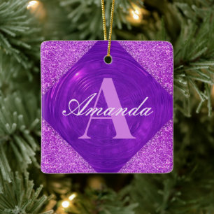 Modern Purple Glitter Girly Monogram Ceramic Ornament