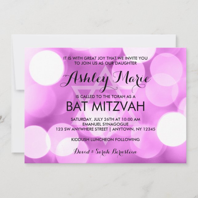 Modern Purple Glitter Lights Bat Mitzvah Invitation (Front)