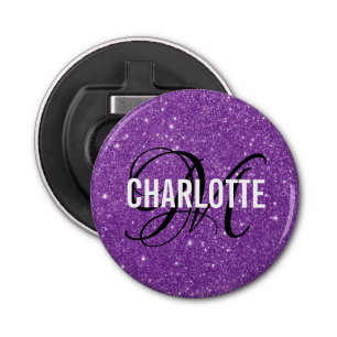 Modern purple glitter monogram name bottle opener