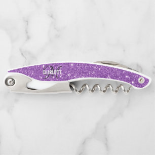 Modern purple glitter monogram name corkscrew