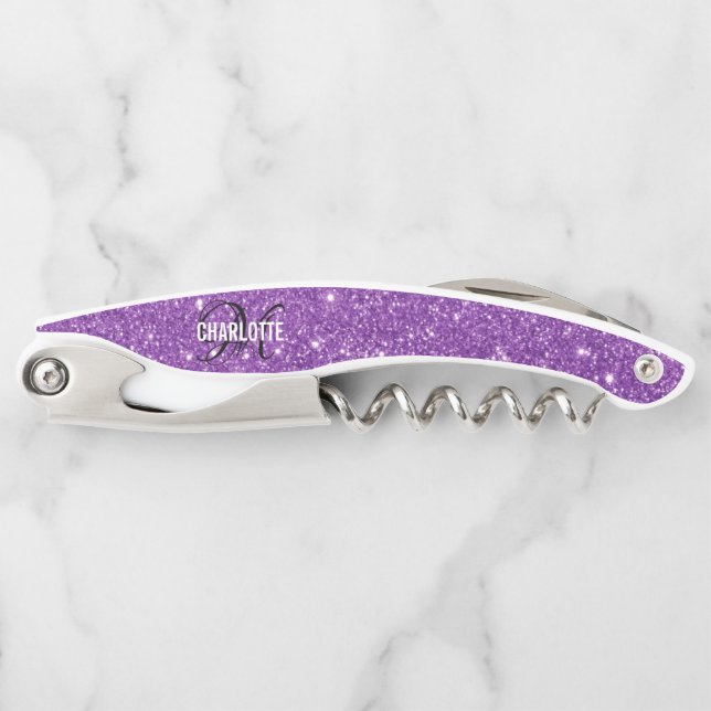 Modern purple glitter monogram name  corkscrew (Front)