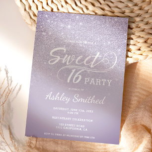 Modern purple glitter ombre dark Sweet 16 Invitation