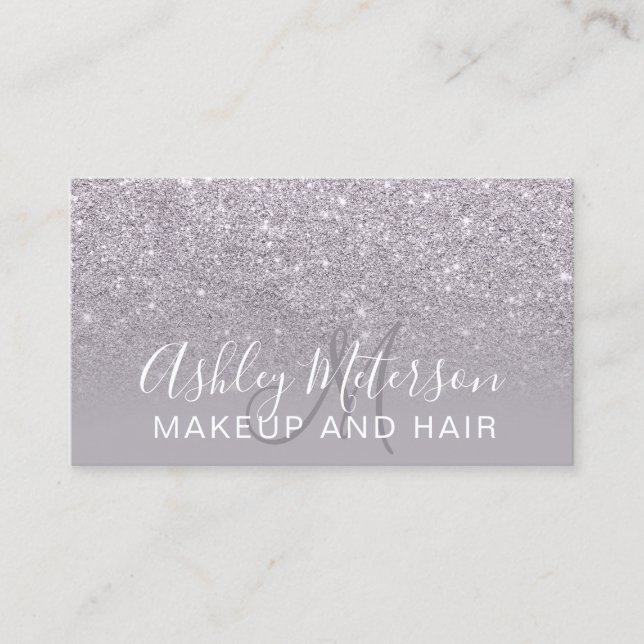 Modern purple glitter ombre hair makeup monogram business card (Front)