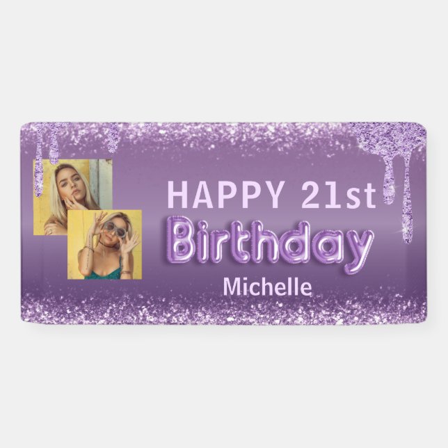 Modern Purple Glitter Photo 21st Birthday  Banner (Horizontal)