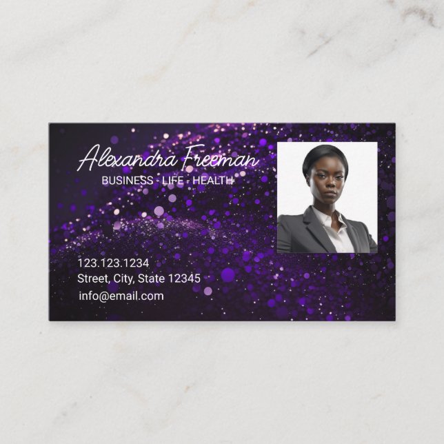 Modern Purple Glitter Photo Insurance Agent Business Card (Front)