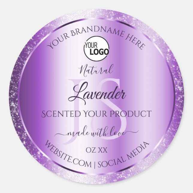 Modern Purple Glitter Product Labels Monogram Logo (Front)