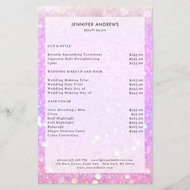 Modern Purple Glitter Salon Price List  Flyer (Front)
