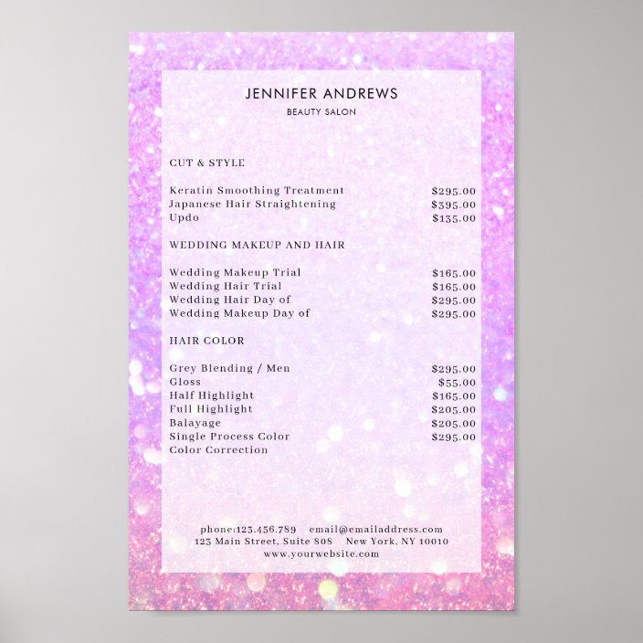 Modern, purple glitter salon price list Poster | Zazzle.co.uk