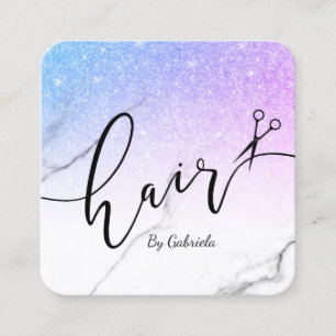 Modern purple glitter scissors hairstylist square business card