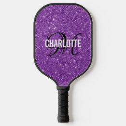Modern purple glitter script monogram name  pickleball paddle