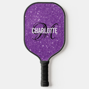 Modern purple glitter script monogram name pickleball paddle