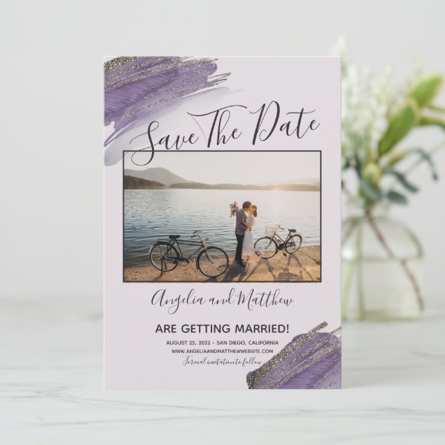 Modern Purple Glitter Spark Save The Date Photo (Standing Front)