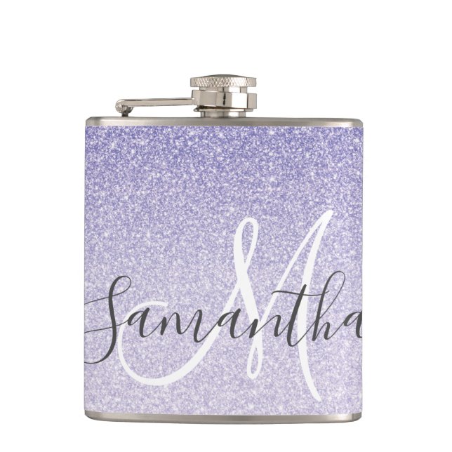 Modern Purple Glitter Sparkles Personalised Name Hip Flask (Front)