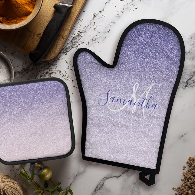 Modern Purple Glitter Sparkles Personalised Name Oven Mitt & Pot Holder Set (Creator Uploaded)