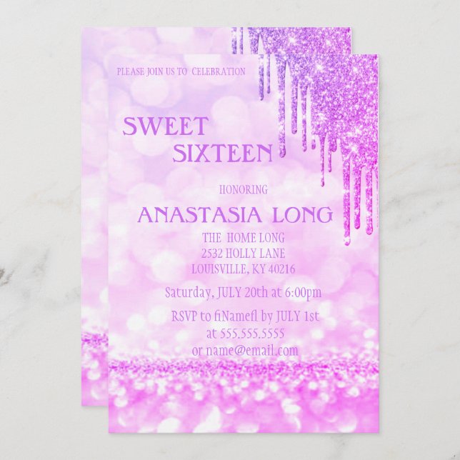 Modern Purple Glitter Sweer 16 Save The Date (Front/Back)