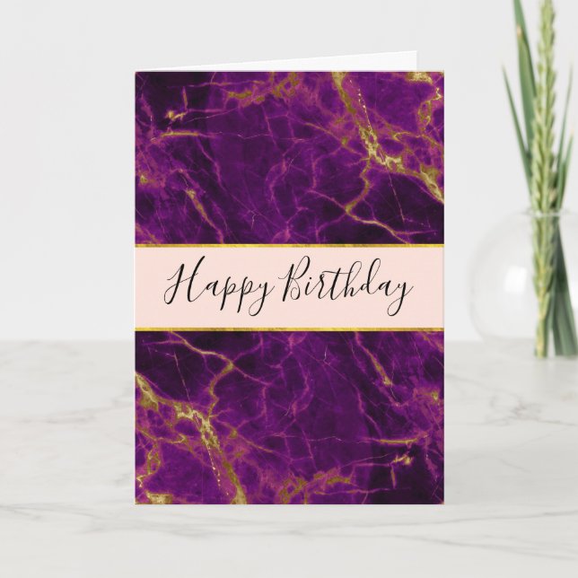 Modern Purple & Gold Abstract Marble Birthday Card (Front)