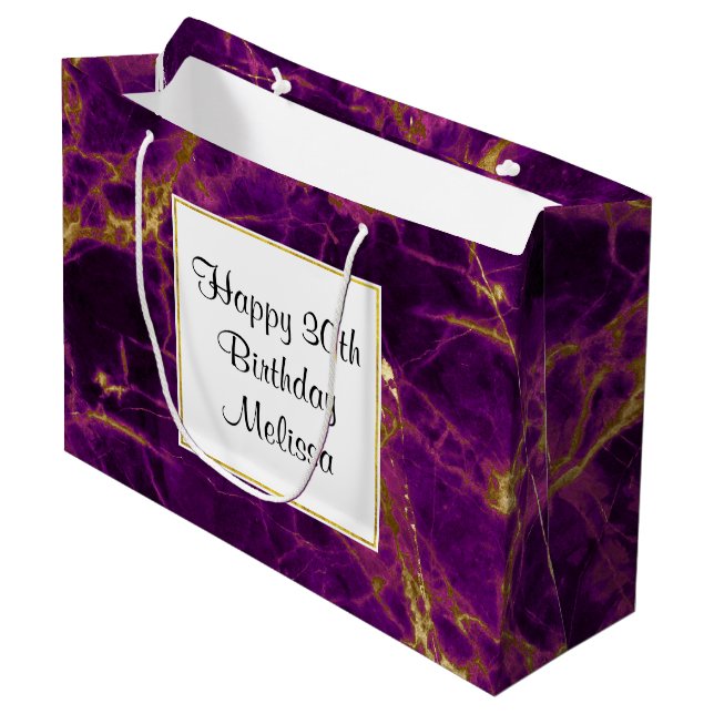 Modern Purple & Gold Abstract Marble Birthday Large Gift Bag (Front Angled)