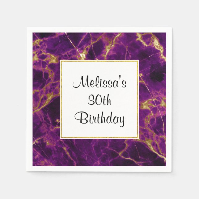 Modern Purple & Gold Abstract Marble Birthday Napkin (Front)