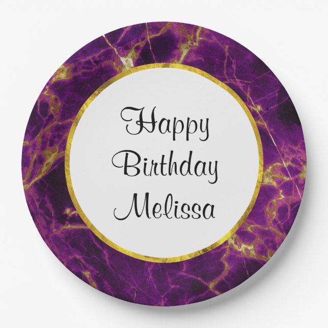 Modern Purple & Gold Abstract Marble Birthday Paper Plate (Front)