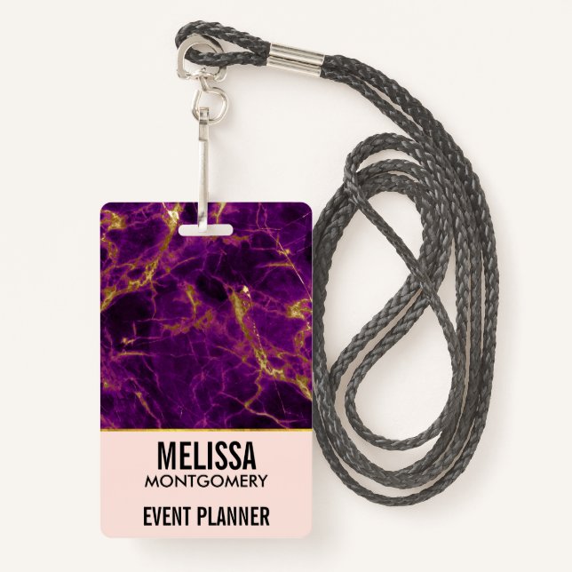 Modern Purple & Gold Abstract Marble Business ID Badge (Front with Lanyard)