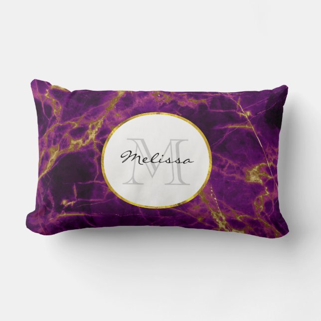 Modern Purple & Gold Abstract Marble Lumbar Cushion (Front)