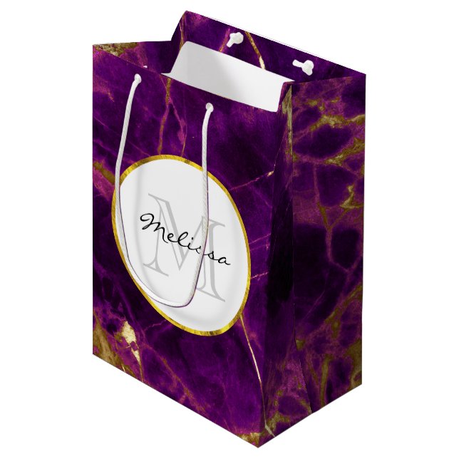 Modern Purple & Gold Abstract Marble Medium Gift Bag (Front Angled)