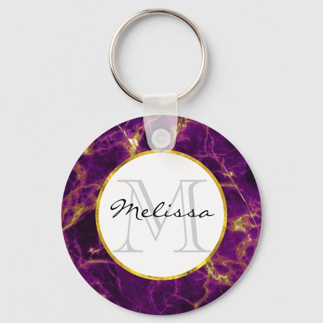Modern Purple & Gold Abstract Marble Monogram Key Ring (Front)