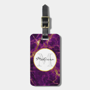 Modern Purple & Gold Abstract Marble Monogram Luggage Tag