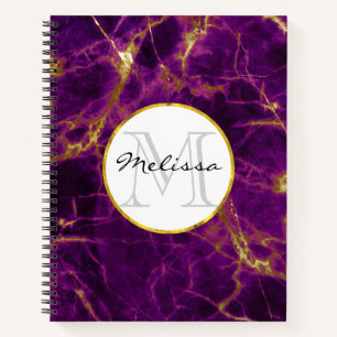 Modern Purple & Gold Abstract Marble Monogram Notebook