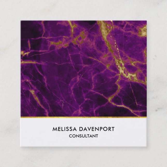 Modern Purple & Gold Abstract Marble Square Business Card (Front)