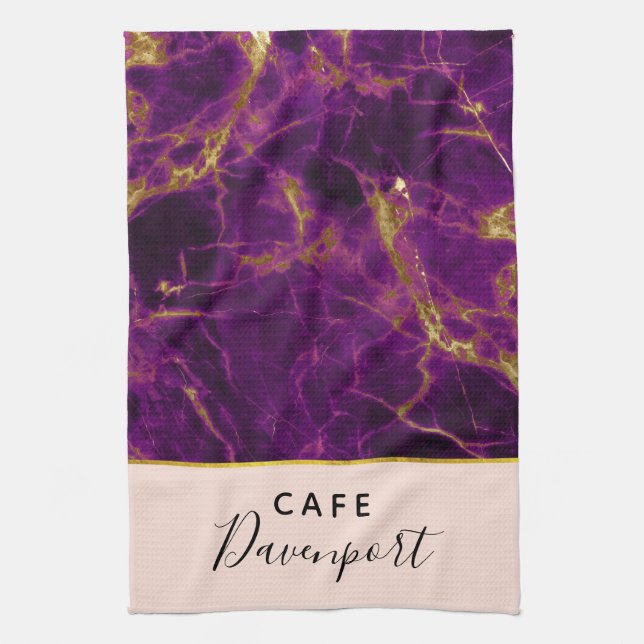 Modern Purple & Gold Abstract Marble Tea Towel (Vertical)