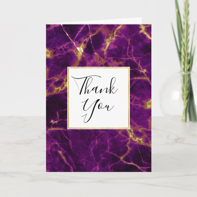 Modern Purple & Gold Abstract Marble Thank You Card (Front)