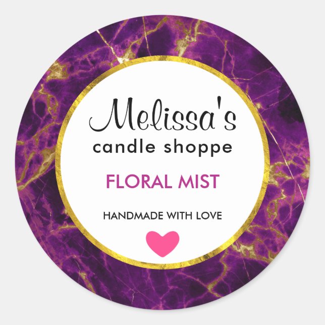Modern Purple & Gold Abstract Soap Candle Business Classic Round Sticker (Front)