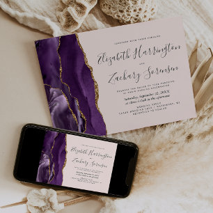 Modern Purple Gold Agate Blush Pink Wedding Invitation