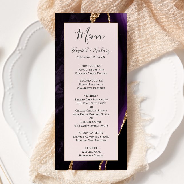 Modern Purple Gold Agate Blush Wedding Menu (Creator Uploaded)