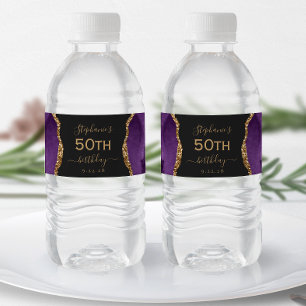Modern Purple Gold Agate Dark 50th Birthday Water Bottle Label