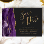 Modern Purple Gold Agate Dark Save the Date Card<br><div class="desc">This elegant modern save the date card features a purple watercolor agate border trimmed with faux gold glitter. The customisable text combines gold coloured handwriting script,  copperplate and italic fonts on a dark charcoal grey background. The reverse side features a matching purple and gold agate design.</div>