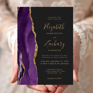 Modern Purple Gold Agate Dark Wedding Invitation
