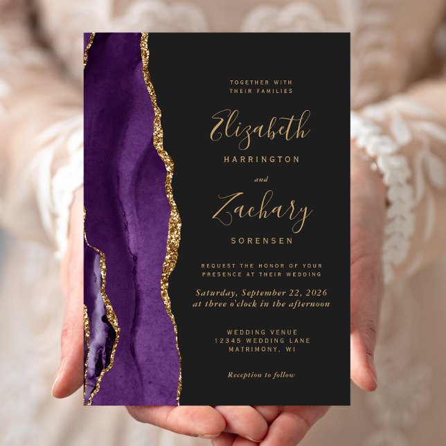Modern Purple Gold Agate Dark Wedding Invitation (An elegant way to invite friends and family to share your special day.)