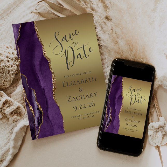 Modern Purple Gold Agate Glam Save the Date (Creator Uploaded)