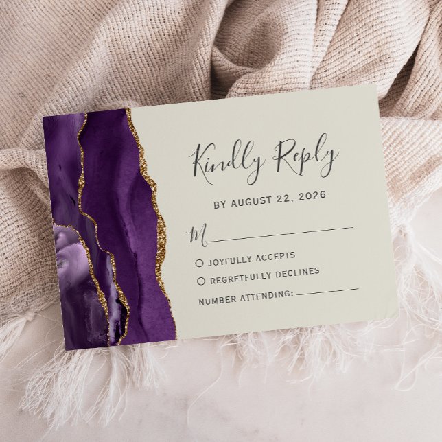 Modern Purple Gold Agate Ivory Wedding RSVP Card (Creator Uploaded)