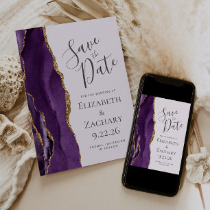 Modern Purple Gold Agate Lavender Save the Date