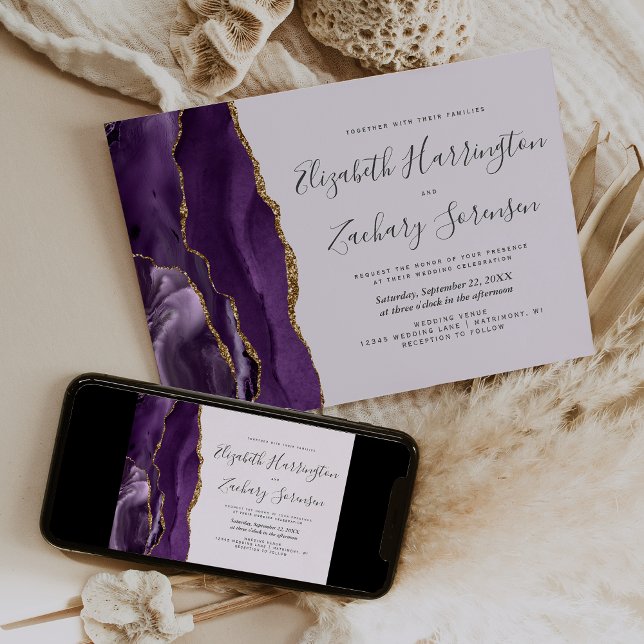 Modern Purple Gold Agate Lavender Wedding Invitation (Creator Uploaded)