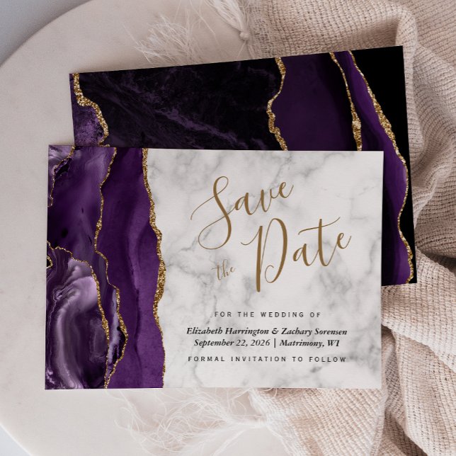 Modern Purple Gold Agate Marble Save the Date Card (Creator Uploaded)