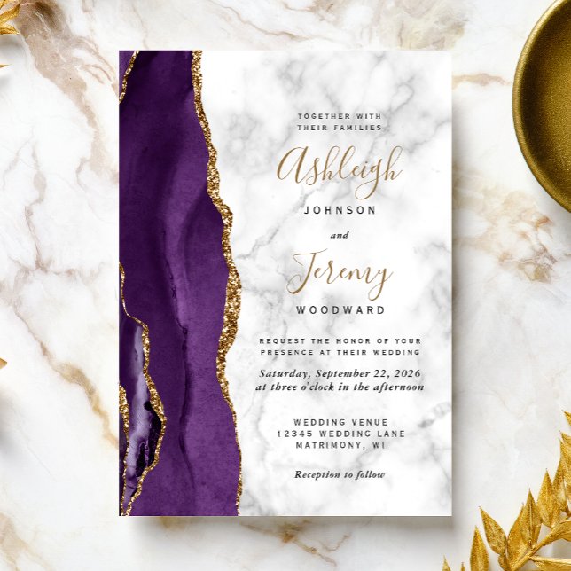 Modern Purple Gold Agate Marble Wedding Invitation (Creator Uploaded)