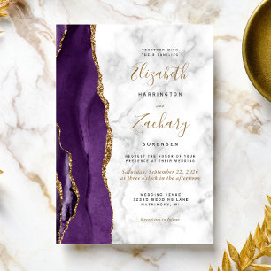 Modern Purple Gold Agate Marble Wedding Invitation
