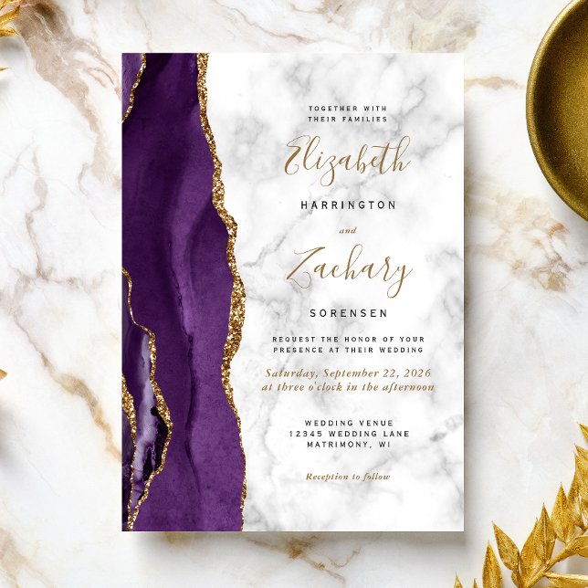 Modern Purple Gold Agate Marble Wedding Invitation (Creator Uploaded)
